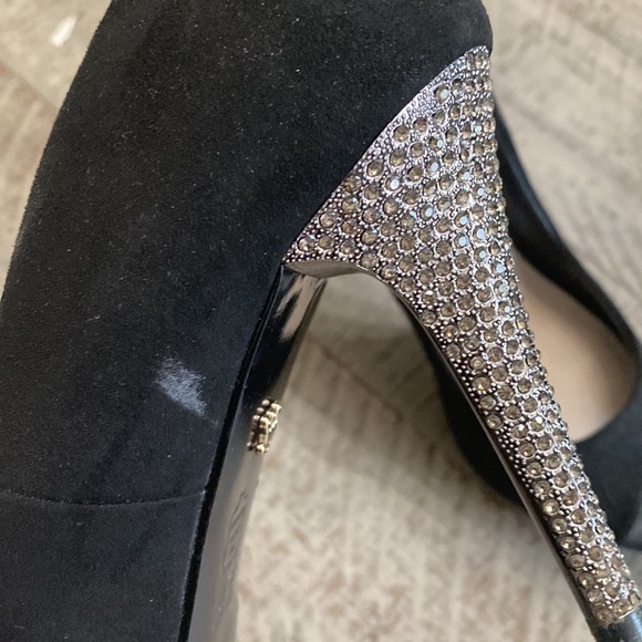 Nina New York Pumps Open Toe Heels Studded Jeweled Black Suede - Picture 4 of 14